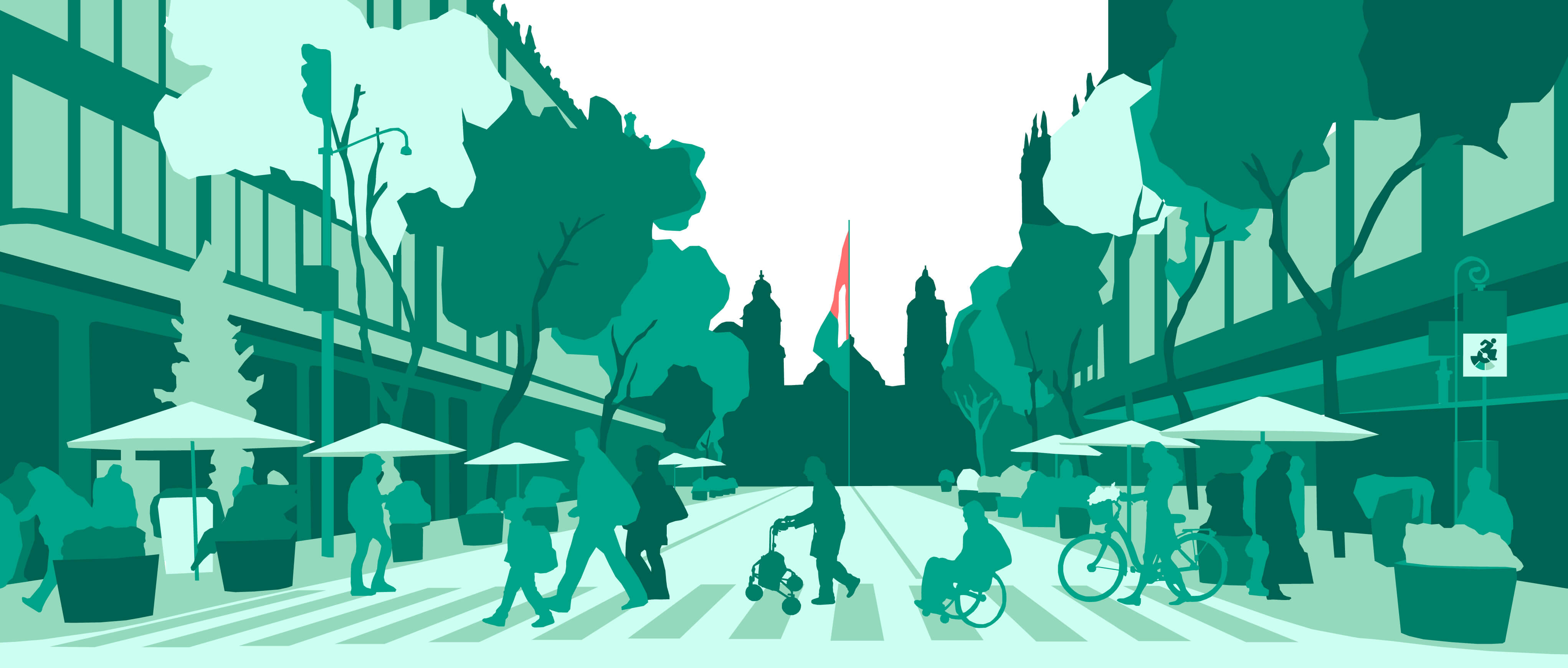 十字路口的插圖，行人過馬路。 背景是一面顯示墨西哥國旗顏色的旗幟。